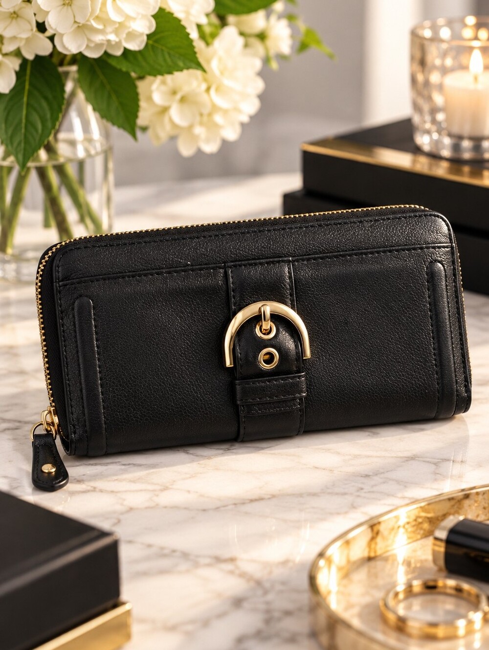 Coach Black Leather Turnlock Zip Around Continental Wallet Gold Hardware